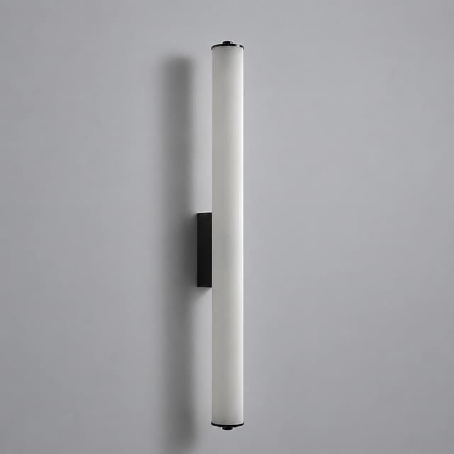Unlit long vertical wall sconce with white cylindrical diffuser and black metal finish