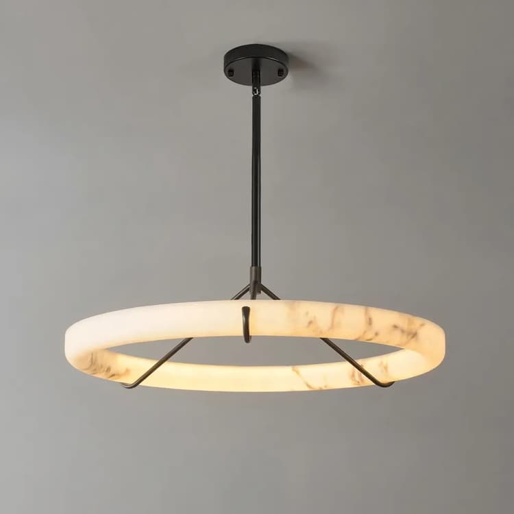 Modern faux alabaster halo chandelier with dark metal frame and warm glow