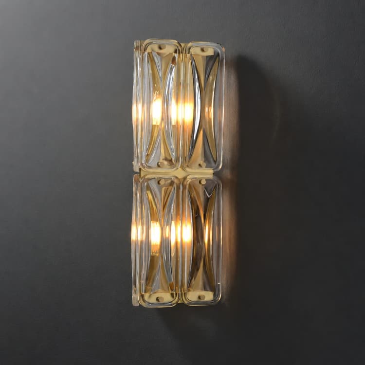 Double tier geometric clear glass wall sconce with warm brass accents