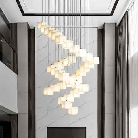 Large 36 light marble cube spiral chandelier with illuminated white stone shades