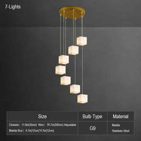 7 light marble cube staircase chandelier with staggered pendant shades and G9 bulbs