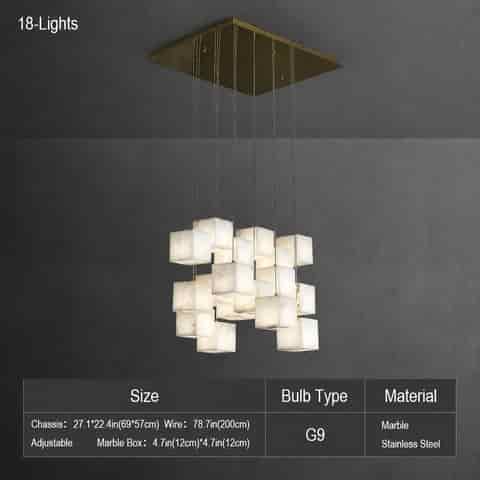 18 light marble cube chandelier with rectangular gold tone canopy and staggered stone shades
