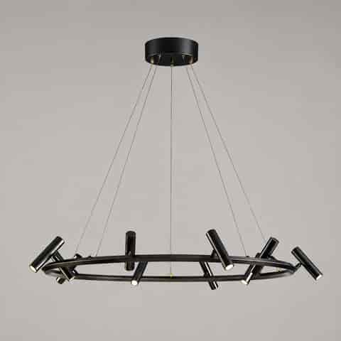 Suspended black ring chandelier with directional cylindrical spotlights and clean contemporary metal frame