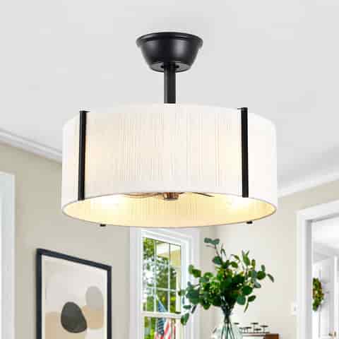 Black drum shade fandelier ceiling fan with cream white fabric shade and warm lighting