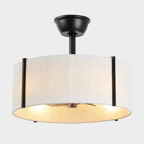 Black fabric drum shade ceiling fan with concealed blades and four light design