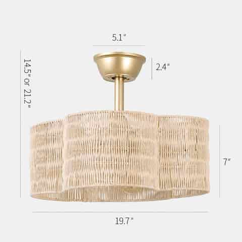 19.7 inch gold woven fandelier ceiling fan dimensions with scalloped shade