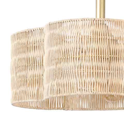 Close up of scalloped woven rattan style fandelier shade with gold metal frame