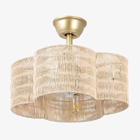 Gold woven shade fandelier with scalloped design and concealed ceiling fan