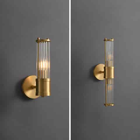 Comparison of single and double brass finish vertical glass rod wall sconces