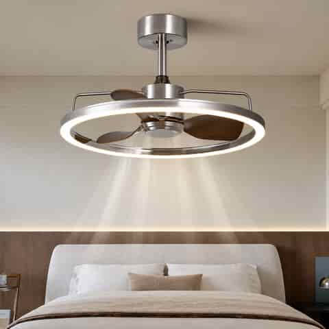 Modern ceiling fan with integrated LED ring light and three wood grain blades installed in a contemporary bedroom