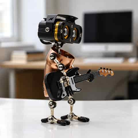 Steampunk robot table lamp playing a black electric guitar, featuring a copper tone metal body and articulated mechanical limbs