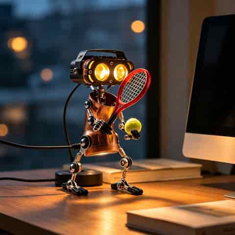 Steampunk robot desk lamp glowing warmly on a wooden desk beside a computer, holding a red tennis racket as a decorative prop