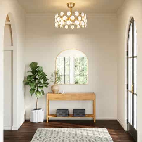 Gold ceramic flower fandelier ceiling fan installed in a modern entryway