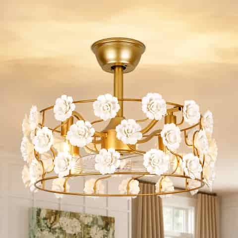 Illuminated gold ceramic flower fandelier with concealed clear fan blades