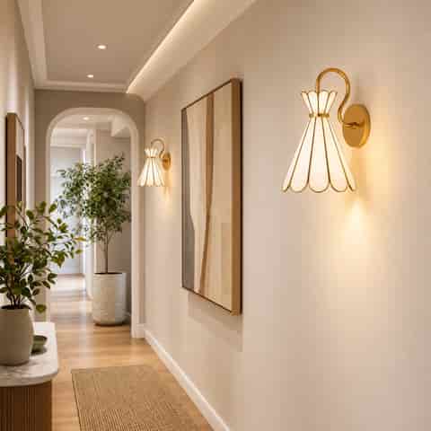 Gold shell wall sconce with petal shaped natural shell panels and sculptural Art Deco design