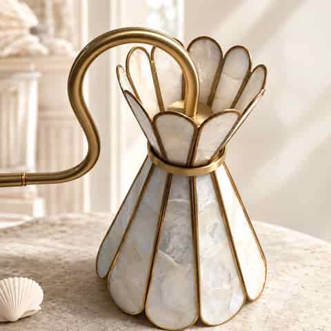 Gold shell wall sconce with swan neck arm, round backplate and glowing natural shell shade