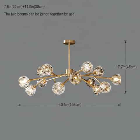 40.5 inch gold branch chandelier with multiple faceted clear globes and radial arms