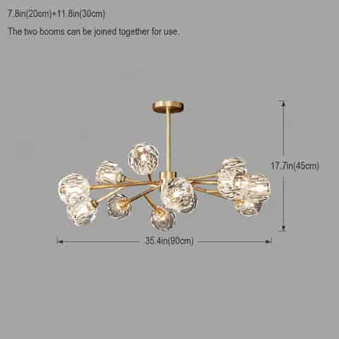 35.4 inch modern gold crystal style branch chandelier with clear faceted globe shades
