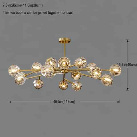 46.5 inch gold crystal style branch chandelier size diagram with faceted clear globes