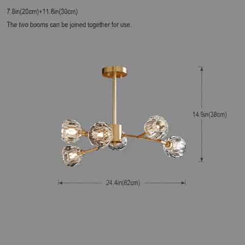 24.4 inch modern gold branch chandelier with faceted clear globe shades and extension rods