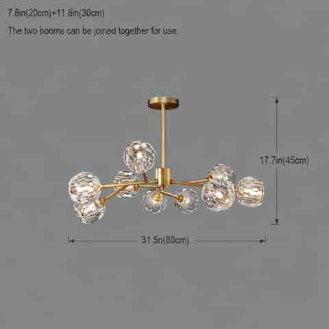 31.5 inch gold branch chandelier size diagram with faceted clear globe shades