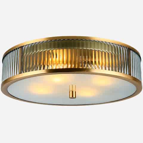 Art Deco copper fluted glass flush mount ceiling light with frosted glass bottom diffuser