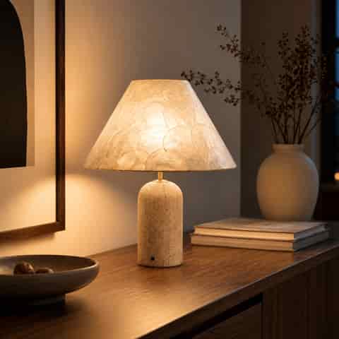 Modern seashell table lamp with a pearlescent ivory shade and textured beige base in a refined interior setting