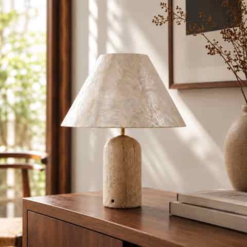 Coastal contemporary seashell table lamp styled on a dark wood console with natural shell tones and gold accents