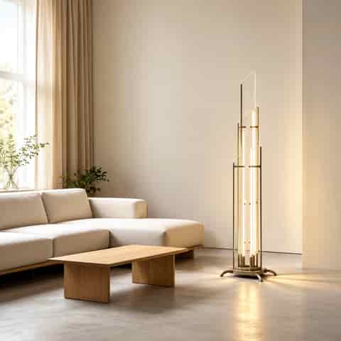 Modern geometric glass LED floor lamp with layered panels creating a warm decorative glow beside a sofa