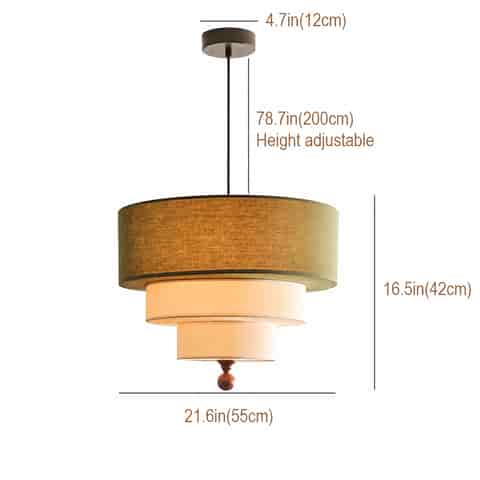 21.6 inch green and cream tiered fabric pendant light with three stacked drum shades