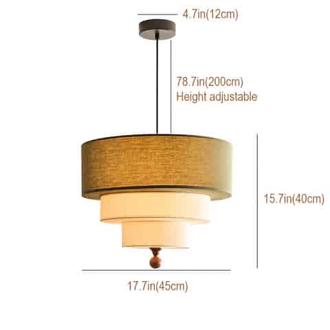 17.7 inch olive green three tier fabric pendant light size diagram with adjustable hanging cord