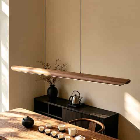 Modern wood grain linear LED pendant light over a dining table and kitchen area