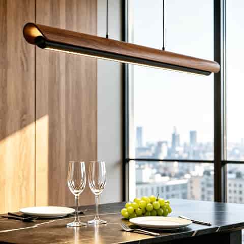 Curved wood grain linear pendant light above a warm minimalist dining table