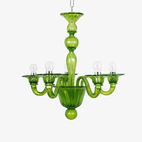 Green glass 8 arm chandelier with curved arms and vintage Italian inspired design