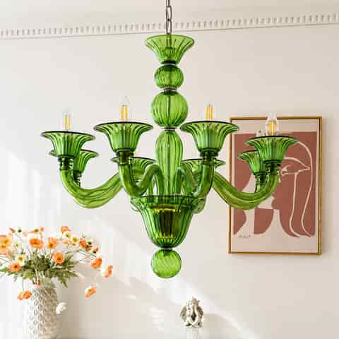 Green 8 arm glass chandelier with ribbed shades and sculptural glass frame