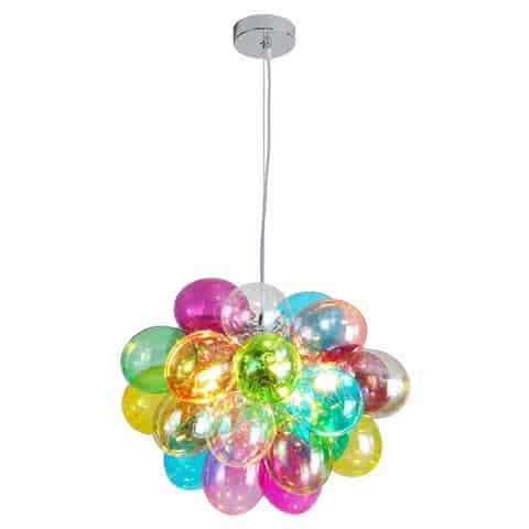 Colorful bubble globe chandelier with multicolor clustered spheres and chrome ceiling canopy