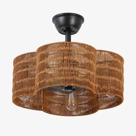 Brown scalloped woven fandelier ceiling fan with black metal frame and concealed blades