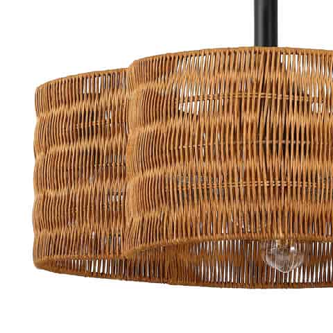Close up of brown scalloped woven shade texture on a fandelier ceiling fan
