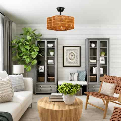Brown woven fandelier ceiling fan in a bright modern farmhouse living room