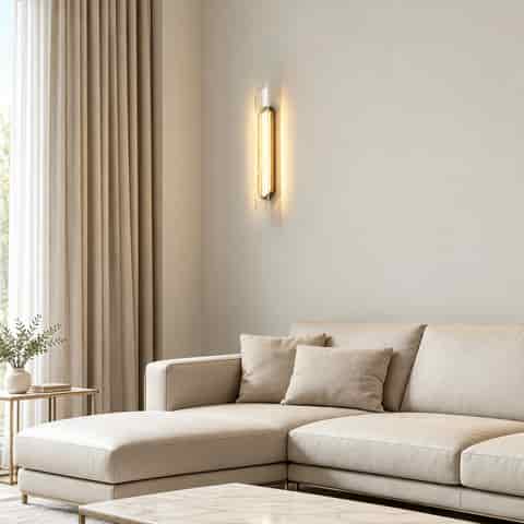 Geometric black glass LED wall sconce creating a warm ambient glow in a modern living room