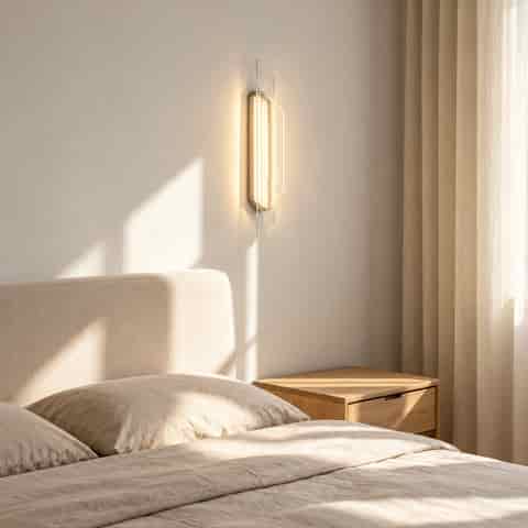 Contemporary geometric LED wall sconce with layered glass panels illuminating a modern bedroom