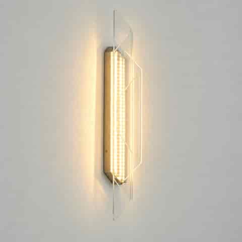 Slim geometric LED wall sconce with transparent glass panels and warm integrated light