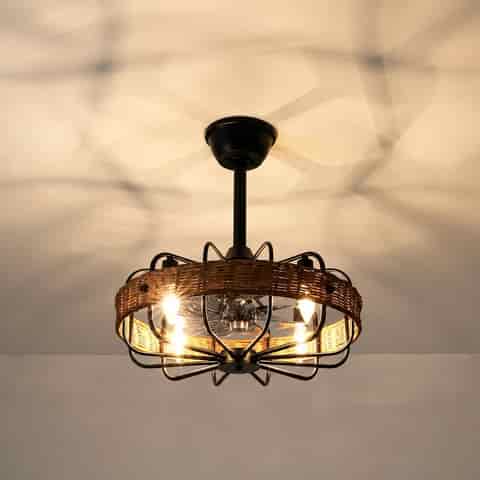 Illuminated rattan semi flush ceiling light casting warm ambient light