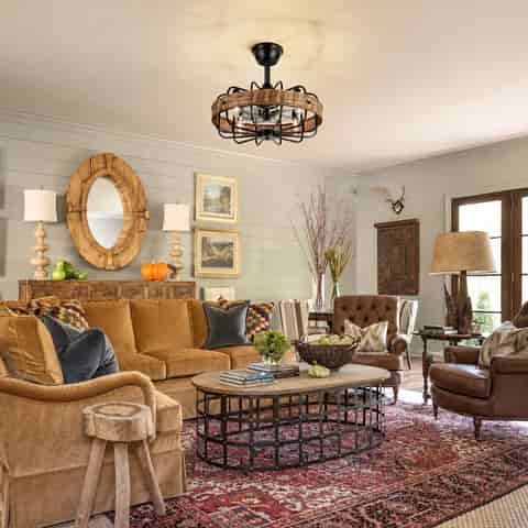 Rattan semi flush mount ceiling light in a cozy farmhouse style living room