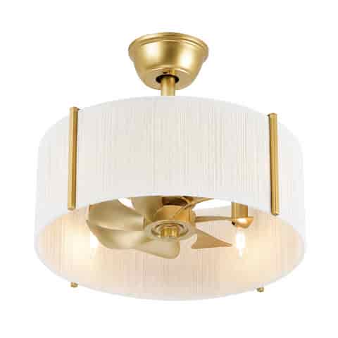 Gold fandelier ceiling fan with white textured drum shade and concealed fan blades