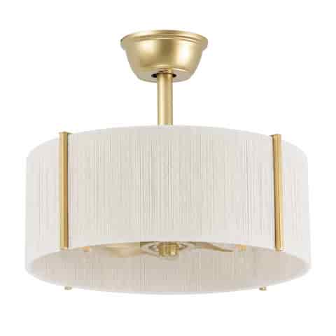 Illuminated gold and white fabric fandelier ceiling fan with soft ambient lighting