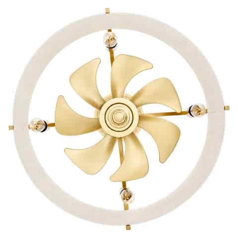 Bottom view of gold drum fandelier with concealed fan blades and four light sockets