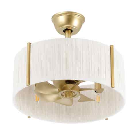 White fabric drum shade fandelier with gold metal frame and hidden ceiling fan