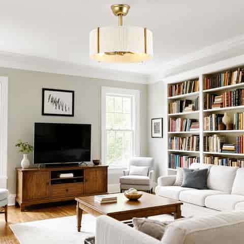 Gold drum shade fandelier ceiling fan with white fabric shade in a transitional living room