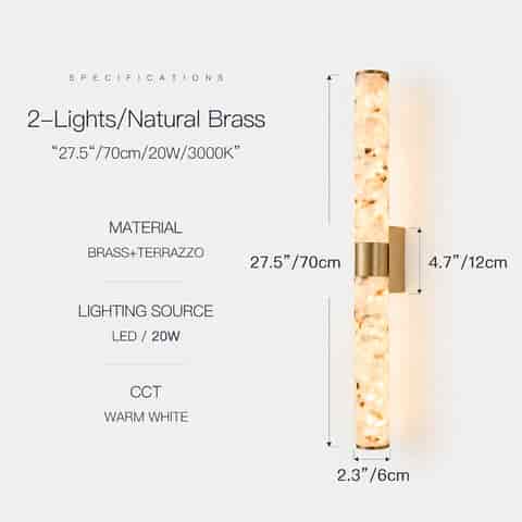 27.5 inch terrazzo and natural brass LED wall sconce, 20W 3000K